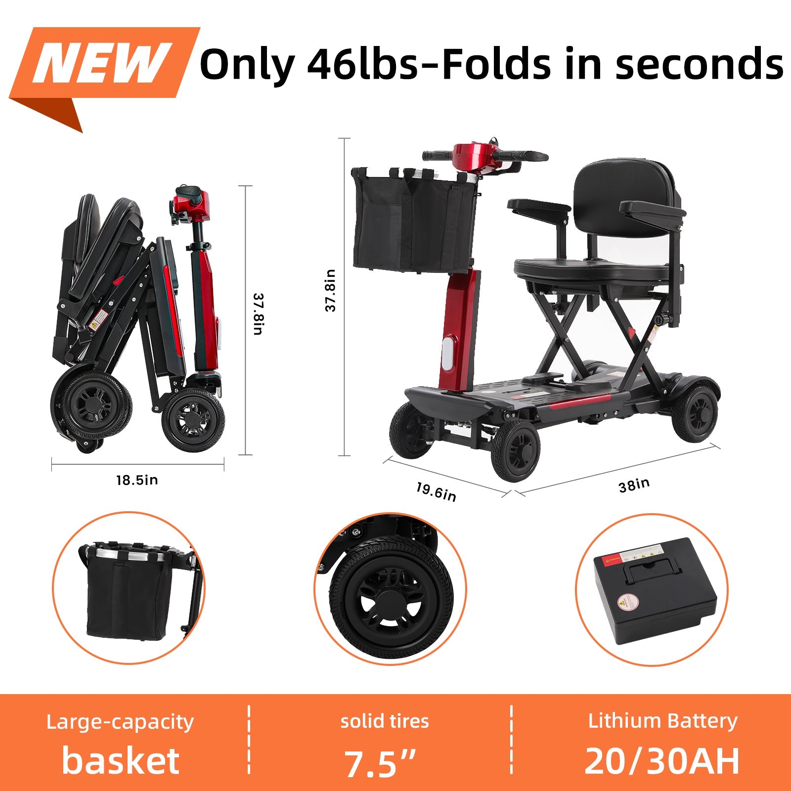 Mbxcooter MS20-F Lightweight Foldable Mobility Scooter | 46 lbs | 330 lbs Capacity