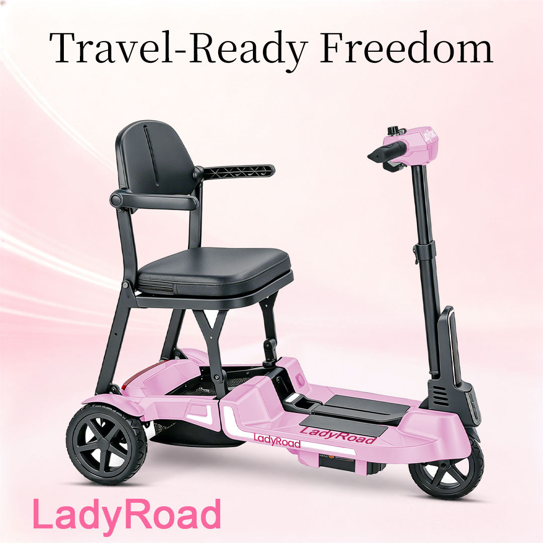 Pink LadyRoad travel mobility scooter with black seat, three wheels, and foldable handlebar, shown against a soft pink background.