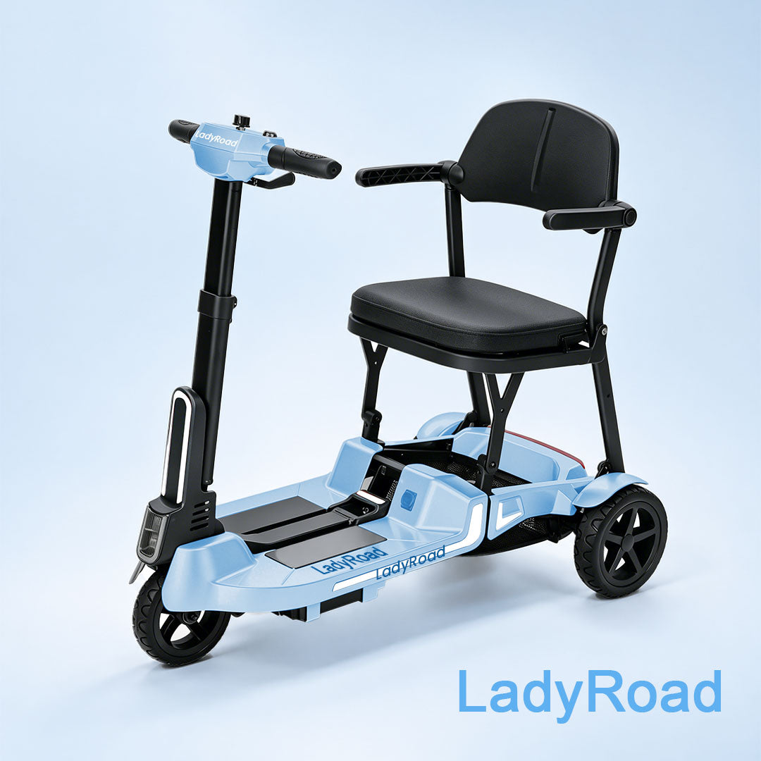 Blue three-wheeled mobility scooter with black padded seat, backrest, handlebars, and large rear wheels, shown on a pale background.