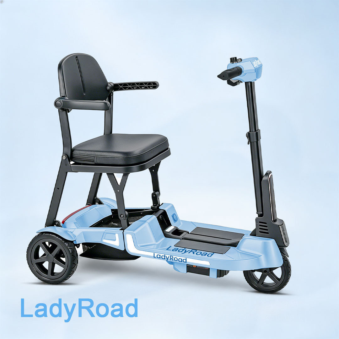 Blue LadyRoad mobility scooter with black seat, armrests, three wheels, and upright handlebar, shown against a pale blue background.