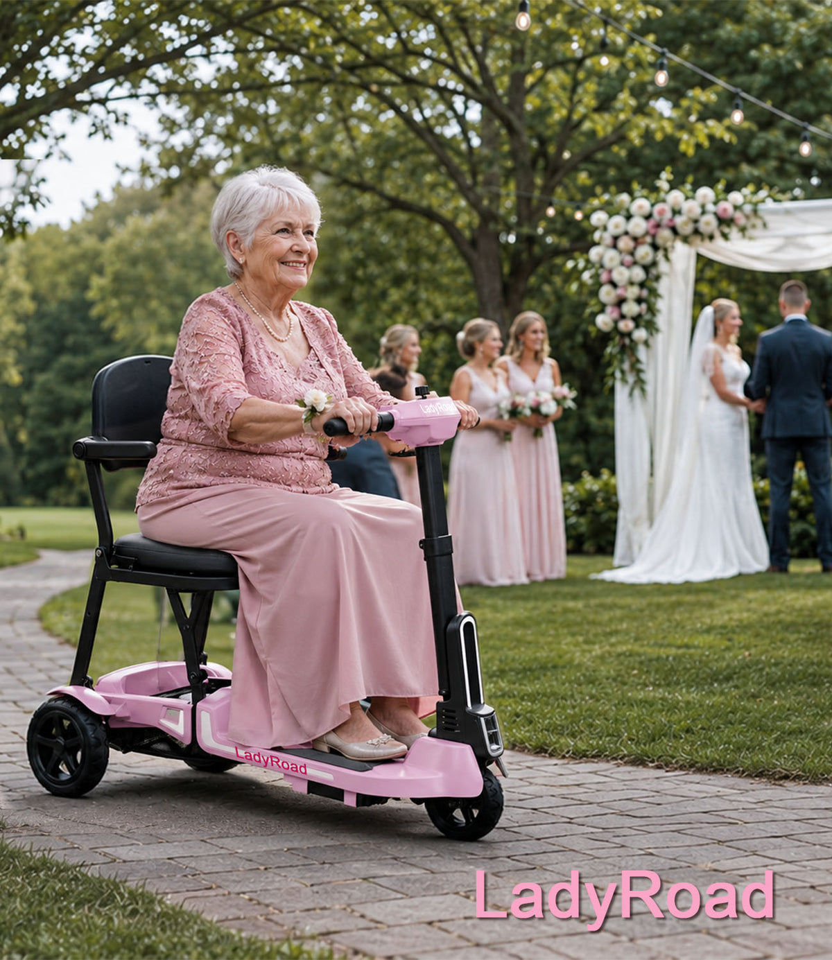 Smiling older woman in pink rides a mobility scooter at an outdoor wedding, with bridesmaids and a flower-draped arch behind her.